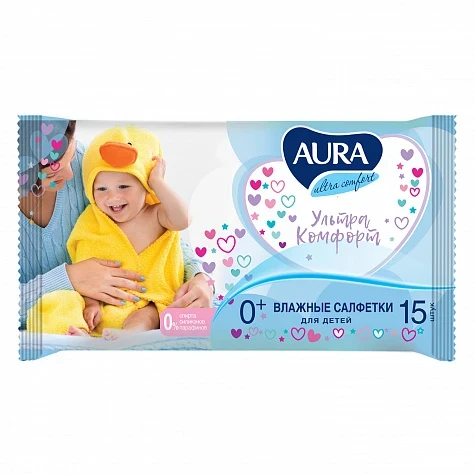 Салфетки влажные Aura 15шт Детские с Алоэ и Витамином Е