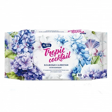 Салфетки влажные Aura 60шт Tropic cocktail Освежающие